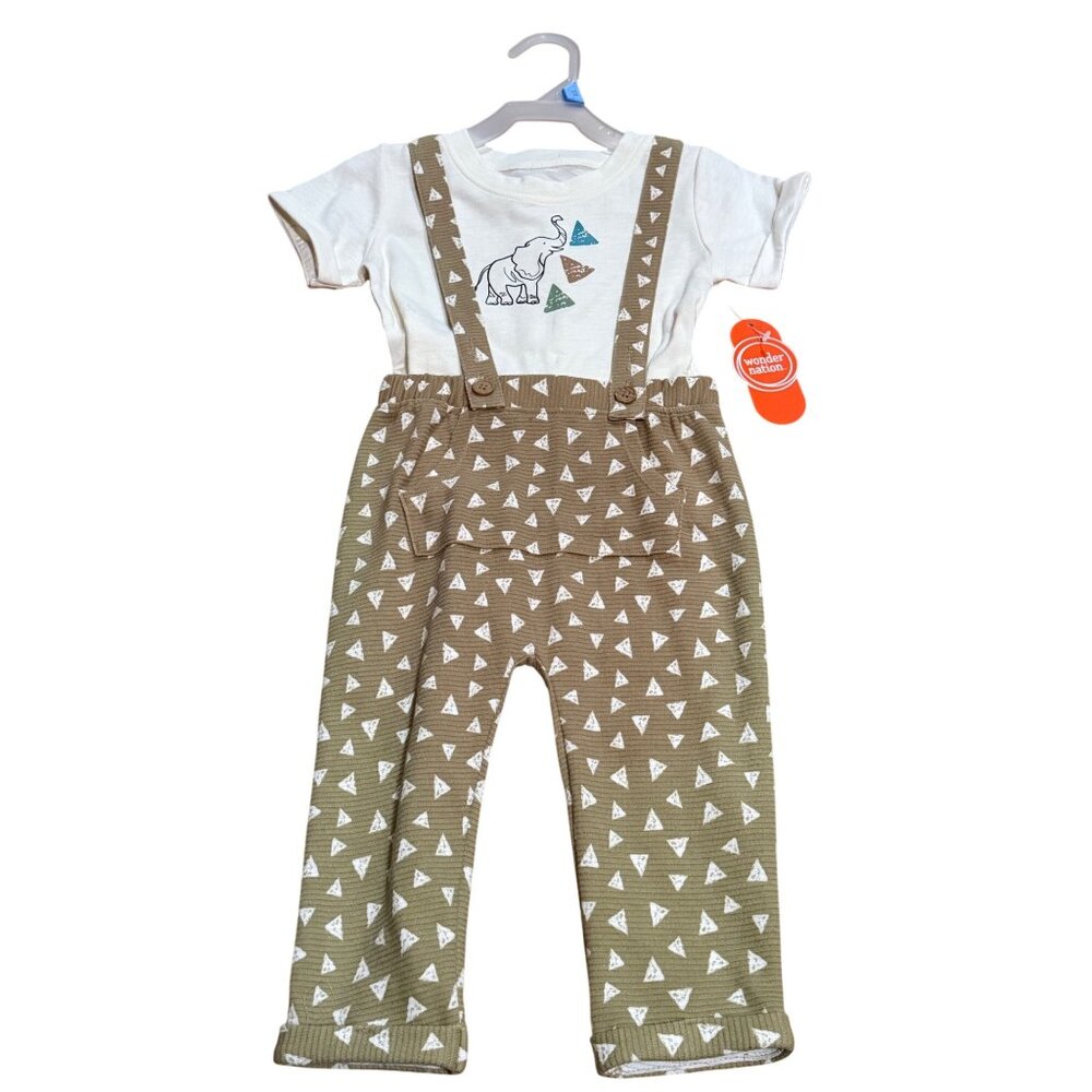 NWT Wonder Nation Baby Boys‎ 24M Set Outfit Elephant Shirt & AOP Suspender Pants